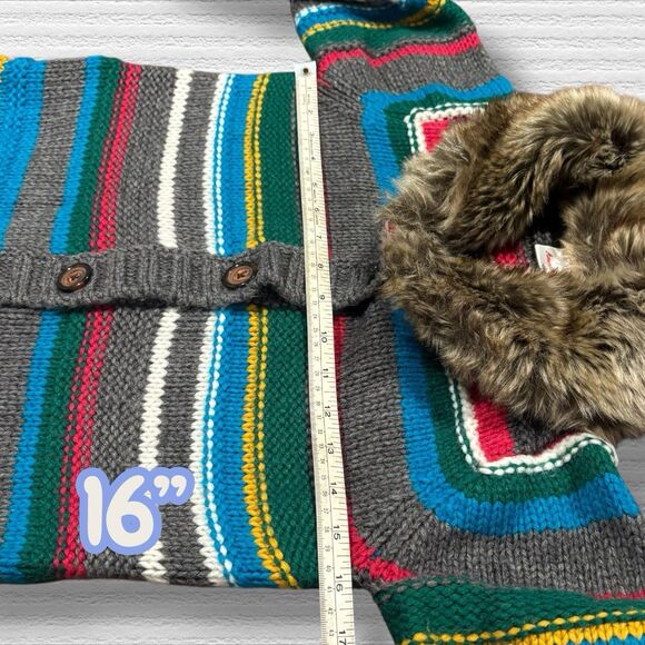 Hanna Andersson Knit Sweater Coat Faux Fur Collar Gray Multi Stripe 130 (8–10) - Picture 3 of 8